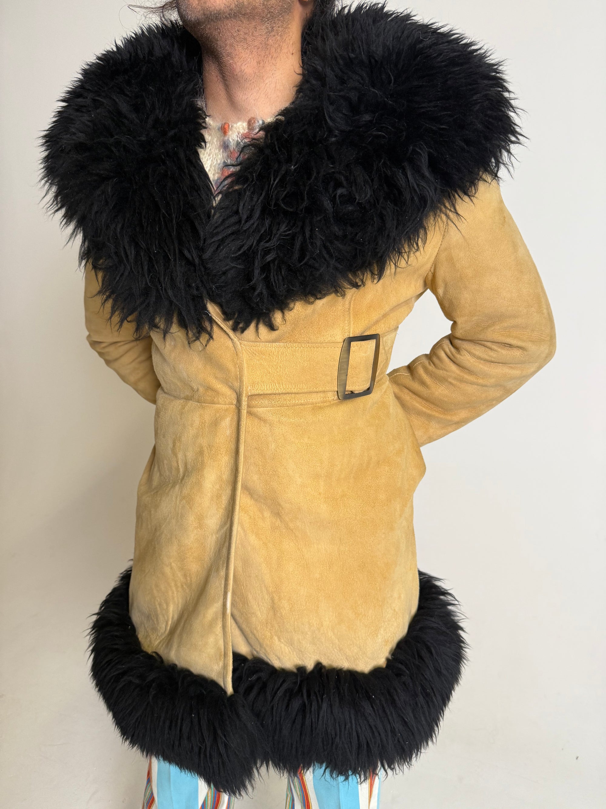 1970s Chamois-Suede and Sheepskin Penny Lane Coat with Buckle-Closure