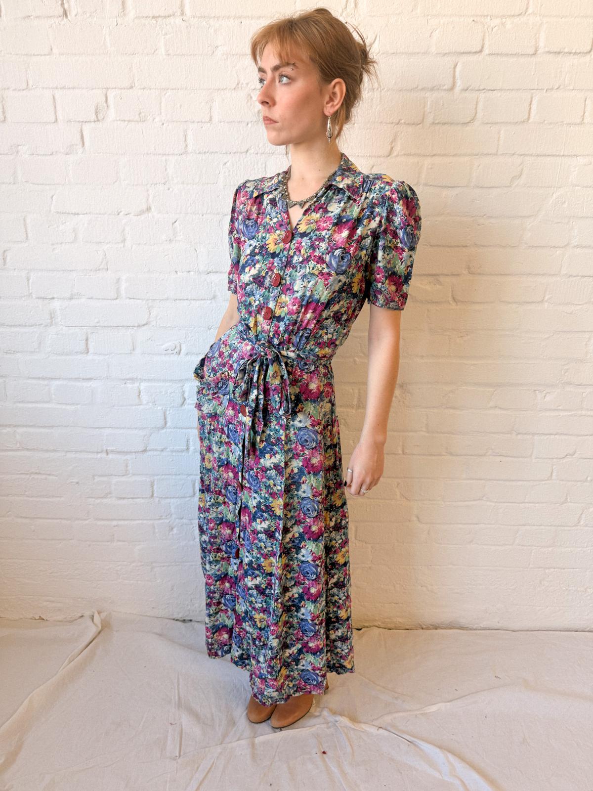 Rare 1940s Cotton Floral Maxi House / Tea Dress with Bakelite Buttons