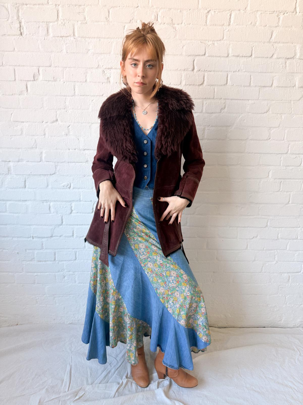 1970s Aubergine Suede & Shearling Coat with Oversized Fur Collar