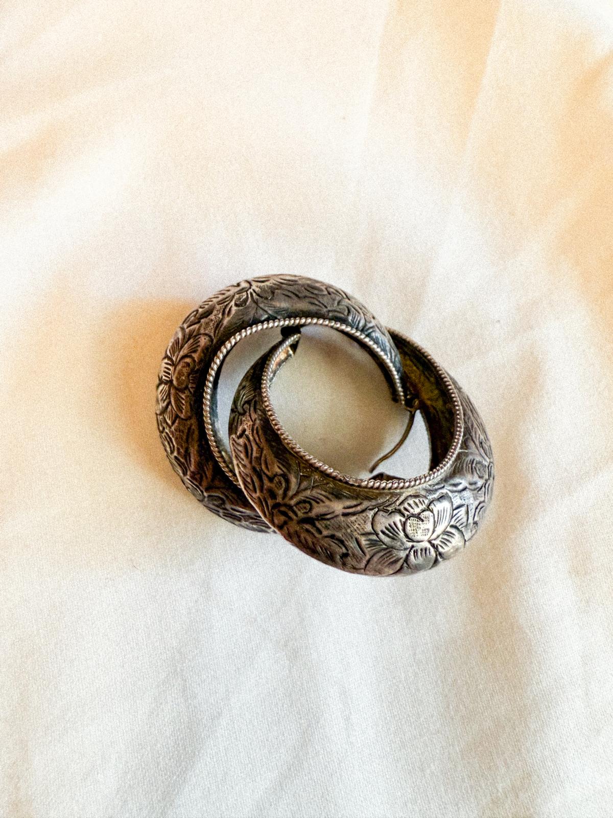 1970s Nepalese Silver Lotus Hoop Earrings