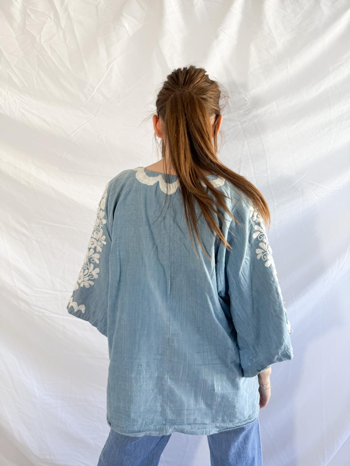 1970s Embroidered Chambray Mexican Tunic Top