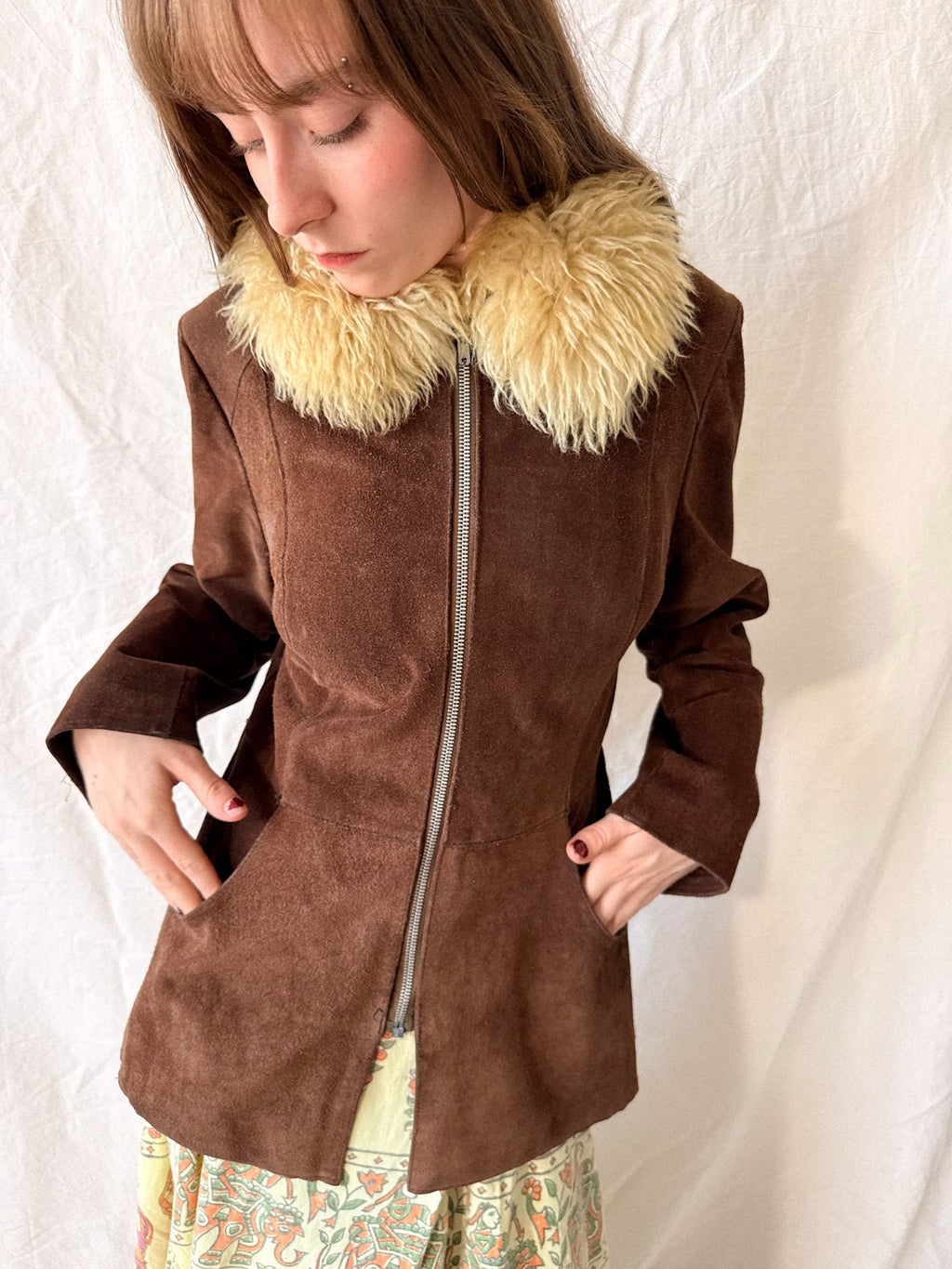 Vintage 1970s Brown Suede Penny Lane Jacket with Sheepskin Collar
