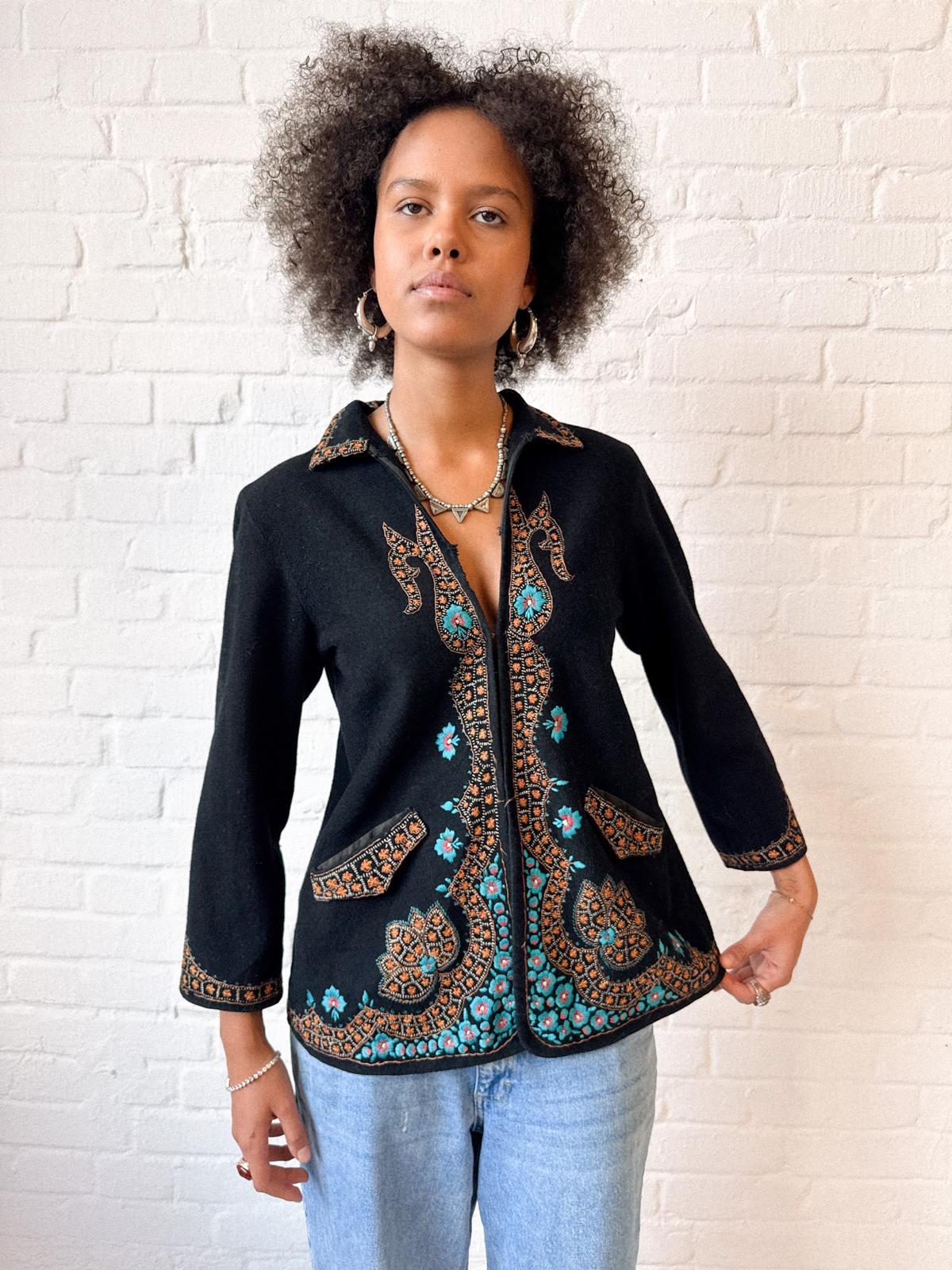 1920s–30s Black Wool Jacket with Kashmiri-Style Floral Embroidery