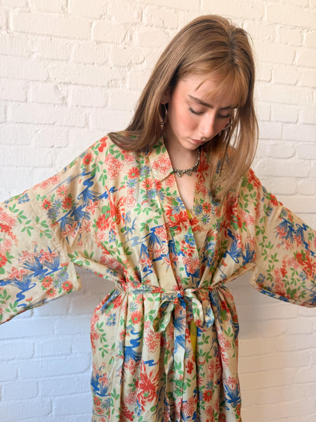 1920s Silk Pongee Kimono Robe – Full-Length Floral Tissue Silk