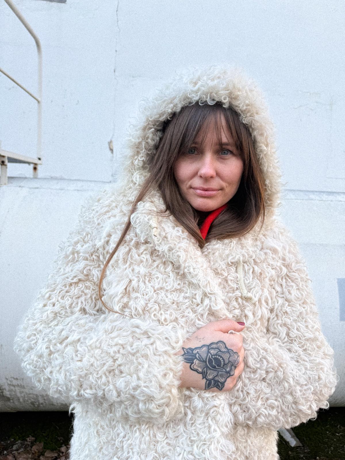 1970s Mongolian Lamb Coat with Hood – Curly Sheepskin, Satin Lined, Leather Toggles