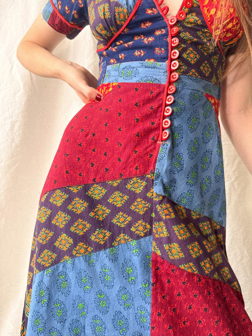 1970s Indian Cotton Patchwork Maxi Dress | Block Print Bohemian Folk Dress