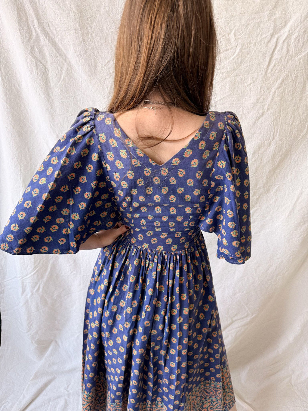 1970s West German Cotton Block Print Angel Sleeve Dress