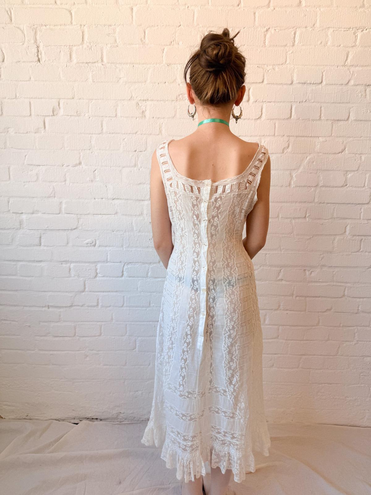 Antique 1910s Edwardian Lace Lingerie Dress – White Cotton & Lace Wedding Dress