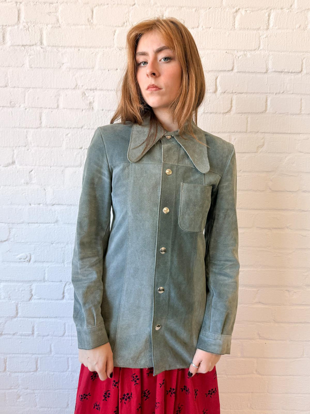 1970s Ice Blue Suede Dagger Collar Jacket Shirt