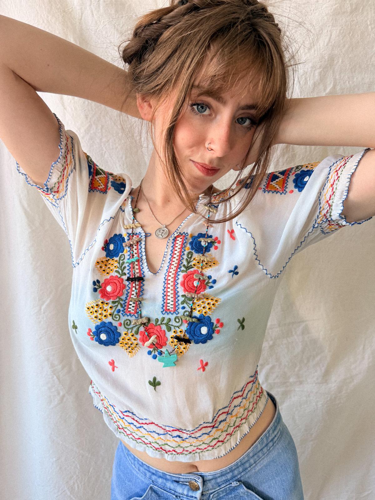 1930s–1940s Hand Embroidered Sheer Folk Blouse