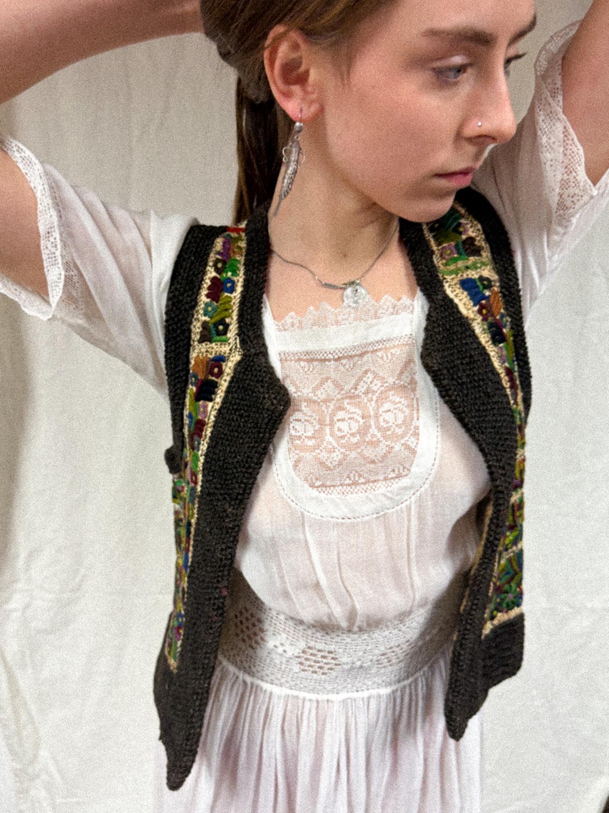 Early-mid 20th Century Romanian Transylvanian Leather Sheepskin Embroidered Vest