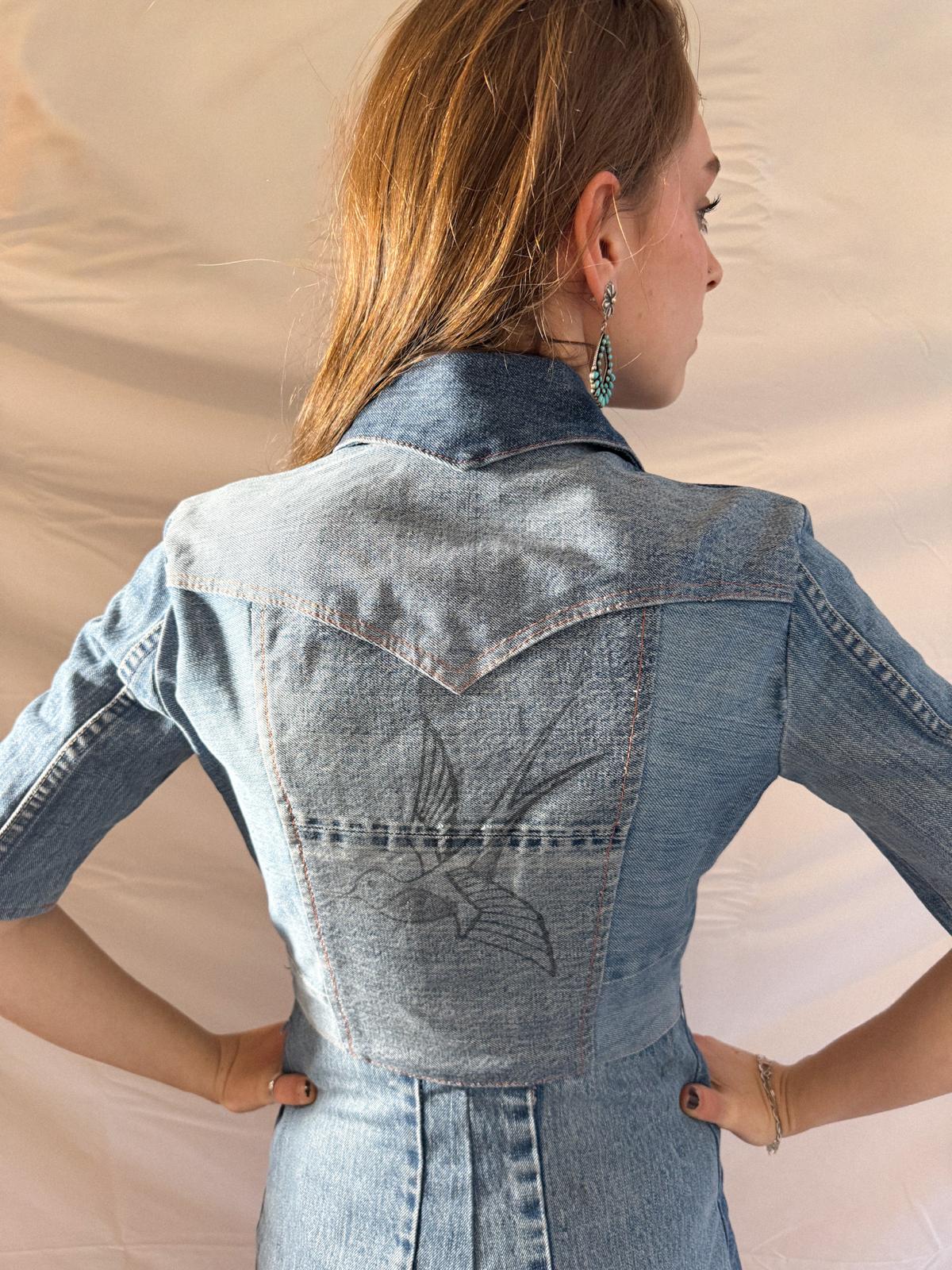 1970s Denim Dress in Heavy Cotton with Western Paneling and Swallow Motif