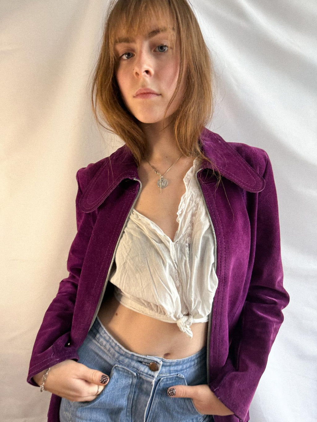 1970s Royal Amethyst Suede Jacket with Dagger Collar