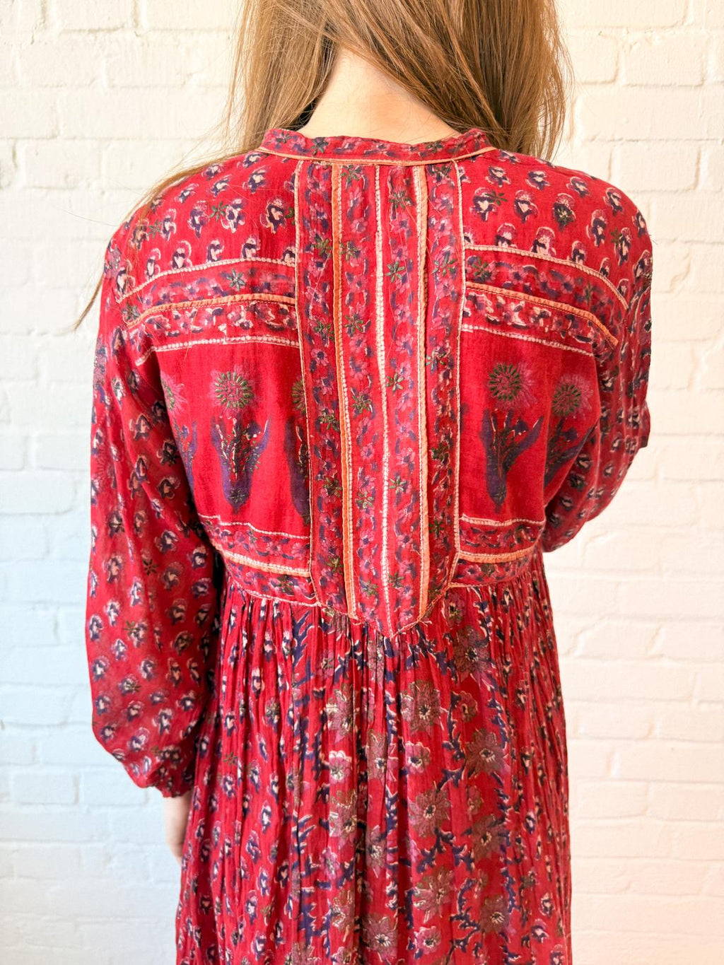 1970s Cotton Gauze Indian Block Print Midi Dress