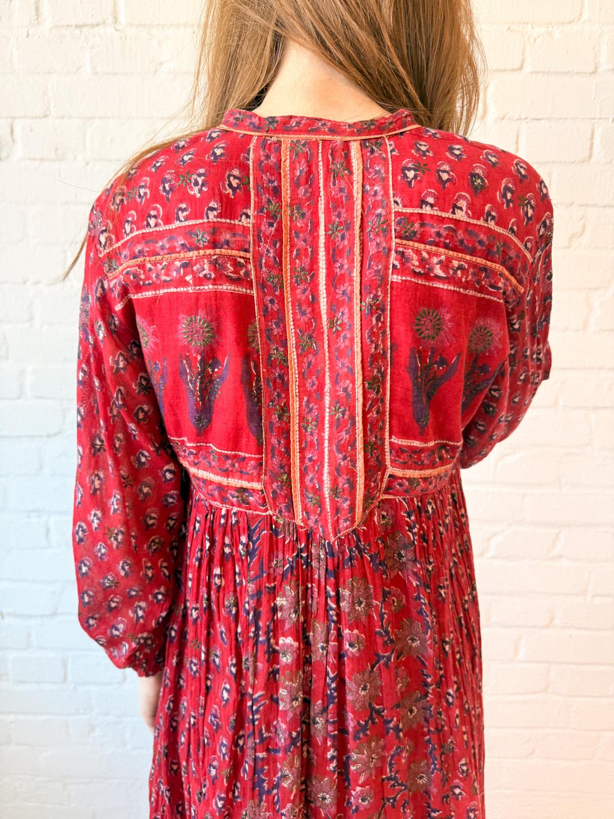 1970s Cotton Gauze Indian Block Print Midi Dress