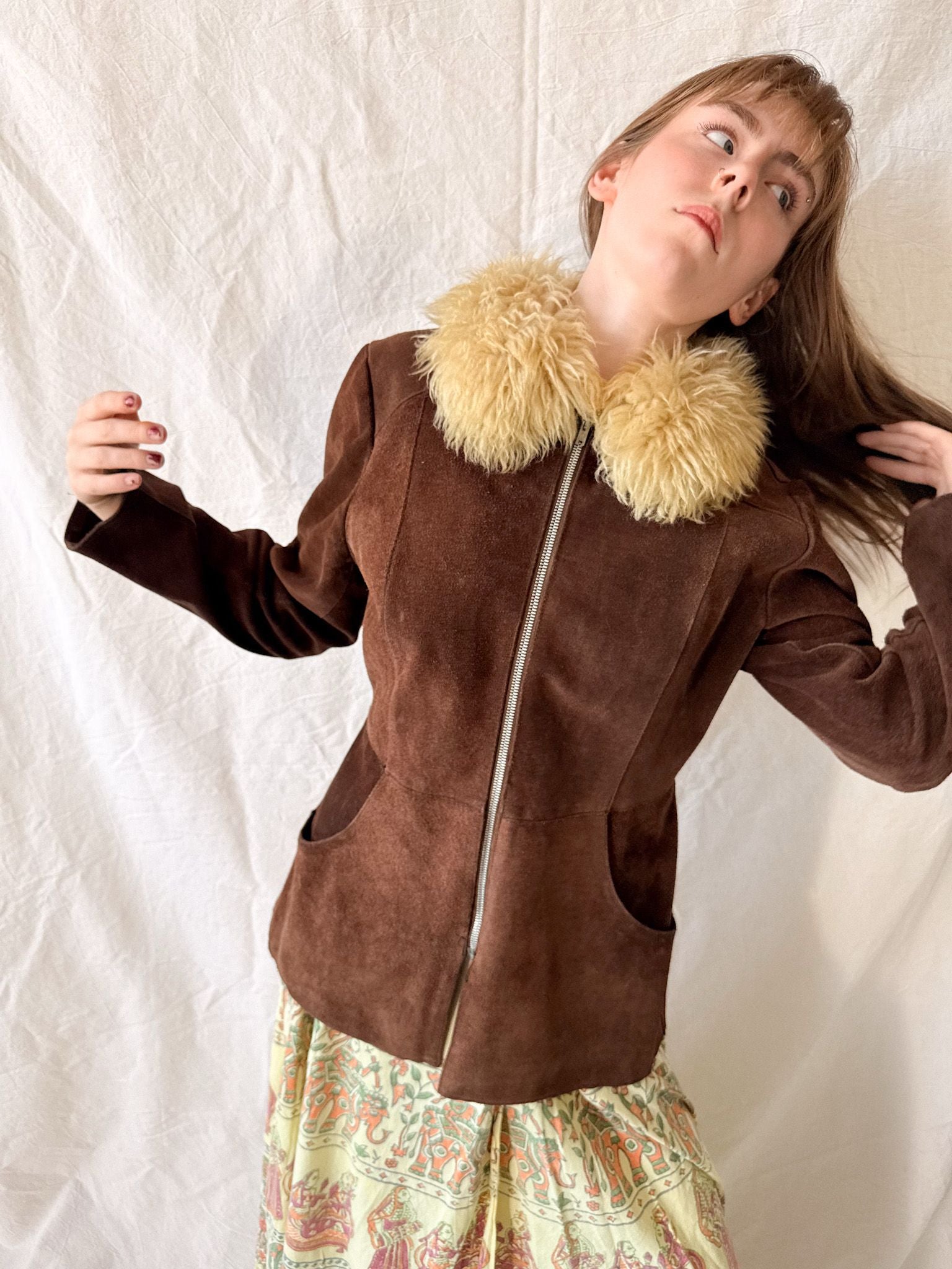 Vintage 1970s Brown Suede Penny Lane Jacket with Sheepskin Collar