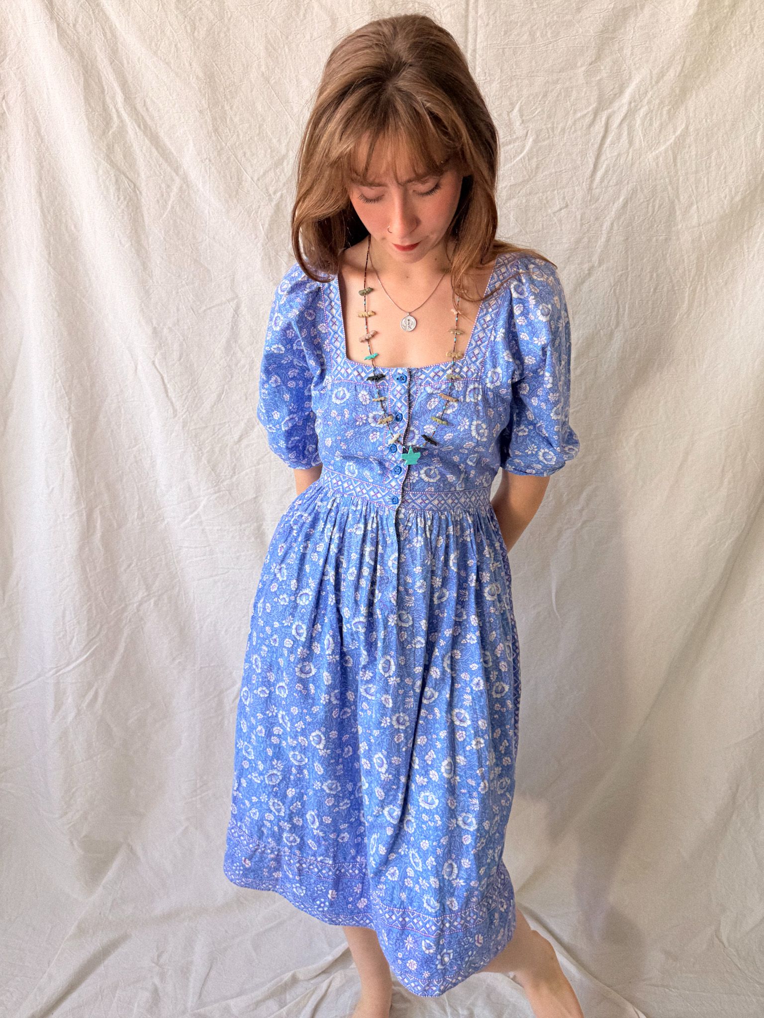 1970s Ritu Kumar for Rosafi Indian Blockprint Cotton Prairie Summer Dress