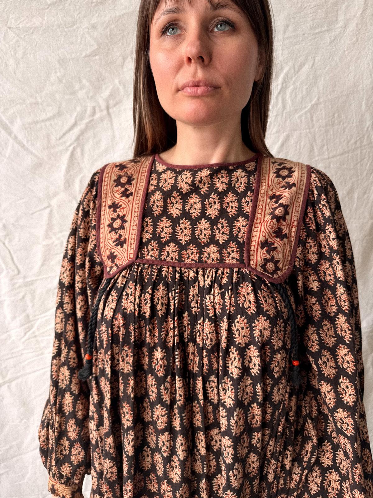 1970s Phool Hand Block Printed Cotton Midi Dress