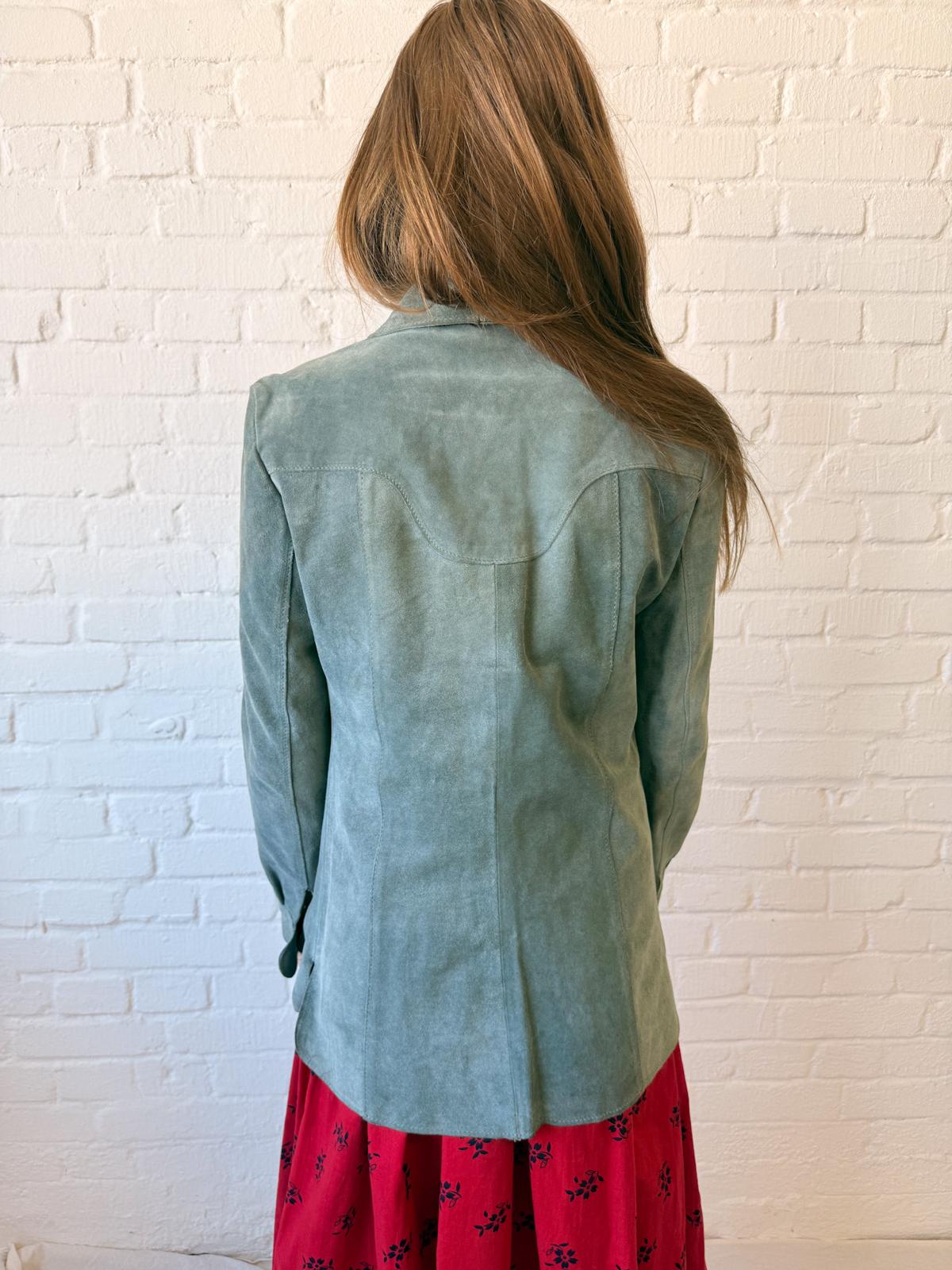 1970s Ice Blue Suede Dagger Collar Jacket Shirt