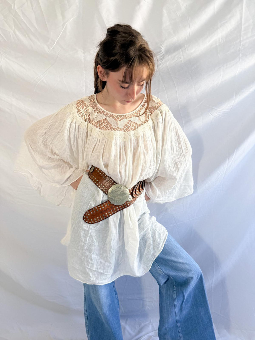 1970s Cotton Gauze Tunic with Butterfly Crochet Neckline