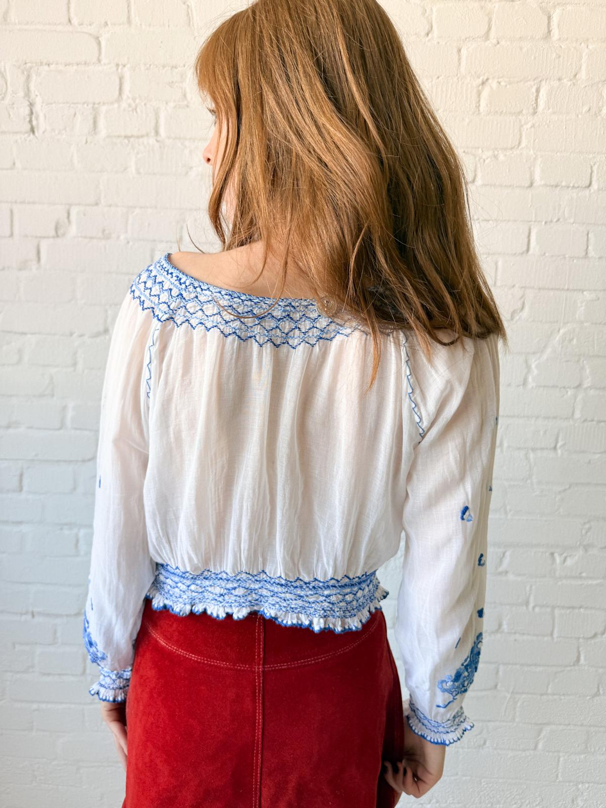 1930s–40s Eastern European Hand-Embroidered Cotton Batiste Blouse
