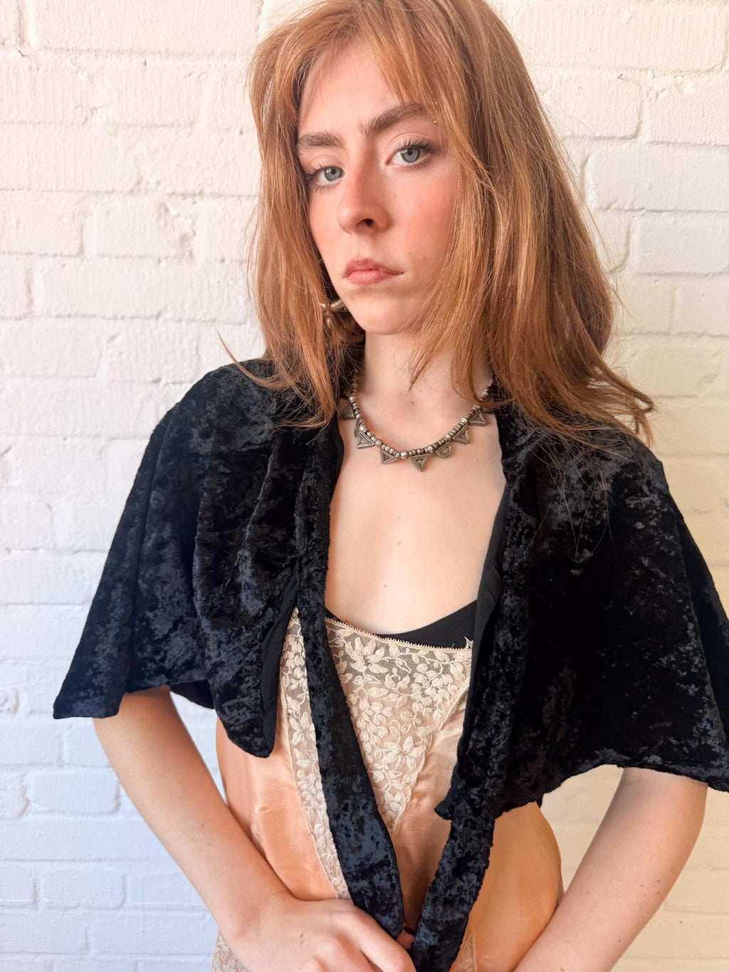 1930s Black Velvet Evening Capelet with Collar and Tie-Neck