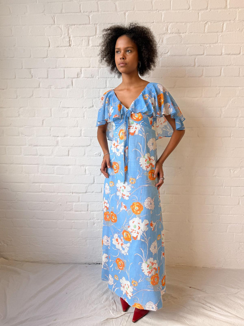 1960s–70s Hawaiian Floral Maxi Dress with Flutter Capelet