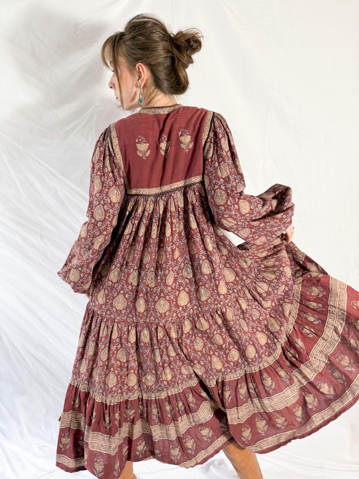 1970s Indian Block Print Cotton Dress with Tiered Skirt and Beaded Tassels