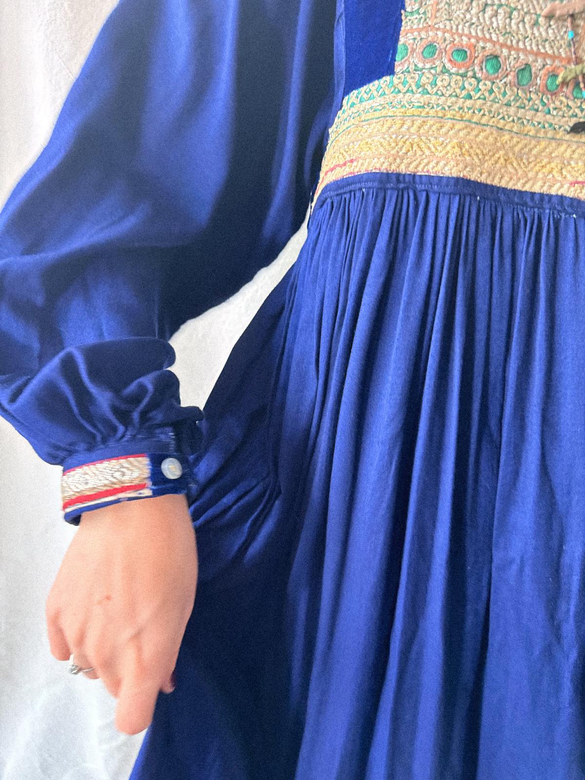 1970s Afghan Folk Dress in Cobalt Blue Velvet & Handworked Tribal Yoke