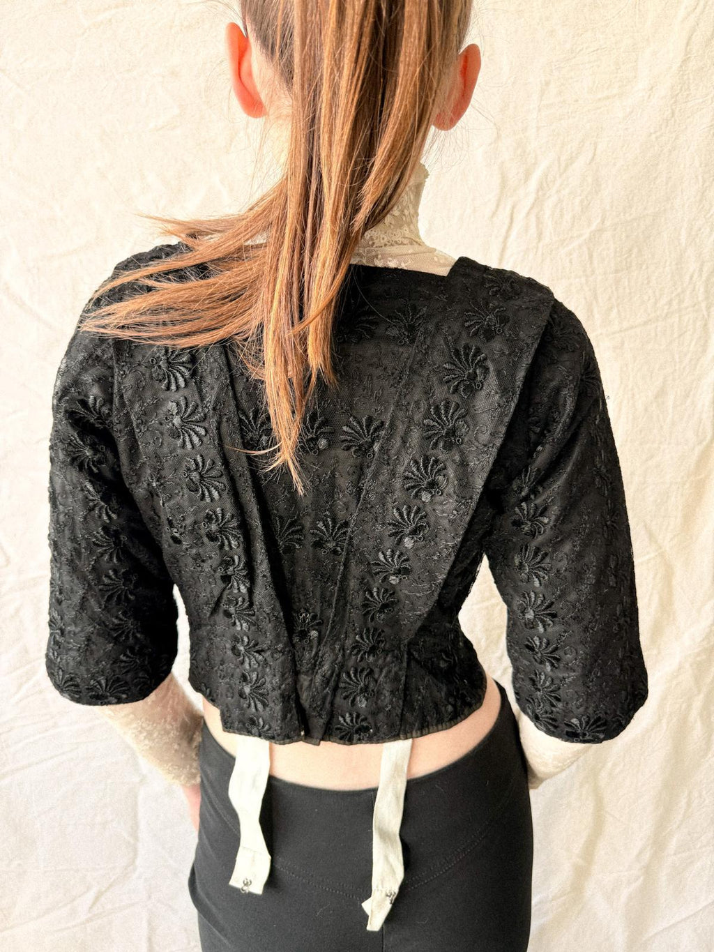 Victorian / Early Edwardian Black Silk & Lace Boned Bodice | Antique Embroidered Jacket | c. 1895–1910
