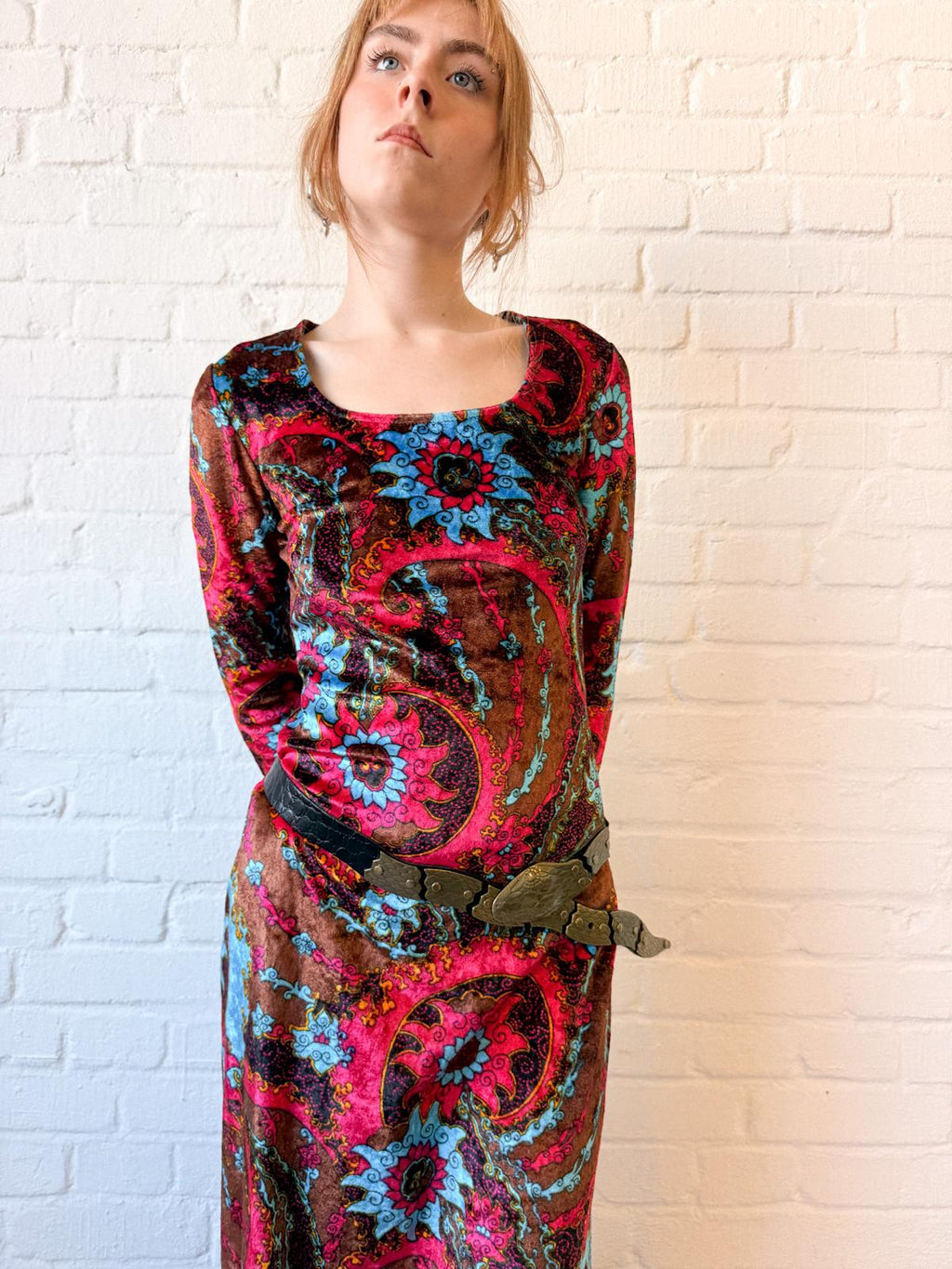 1970s Psychedelic Crushed Velvet Maxi Dress – Pink, Turquoise & Brown