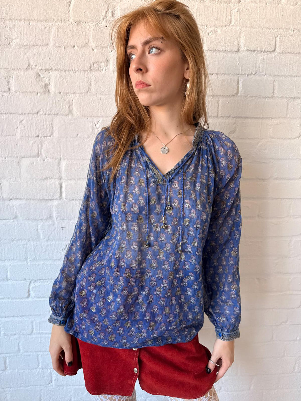 1970s Indian Cotton Gauze Blouse & Quilted Vest Set