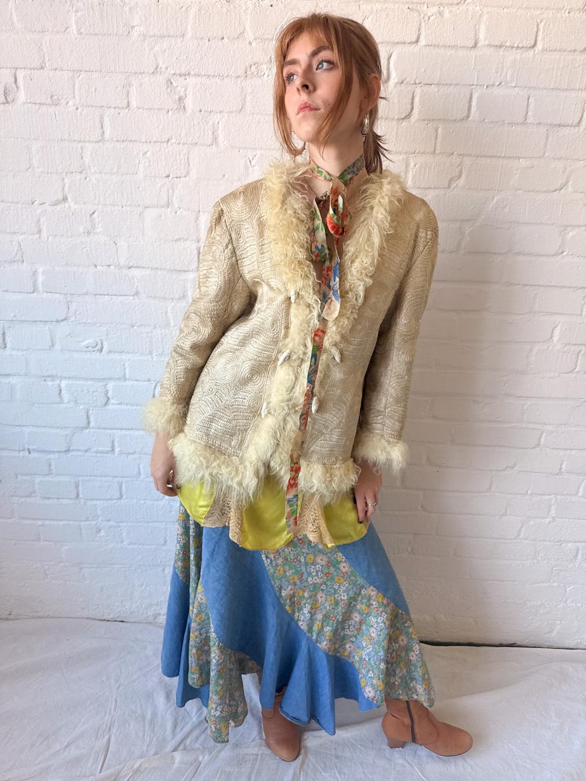 Rare 1960s–70s Fully Embroidered Afghan Style Shearling Jacket – Pearl Cream
