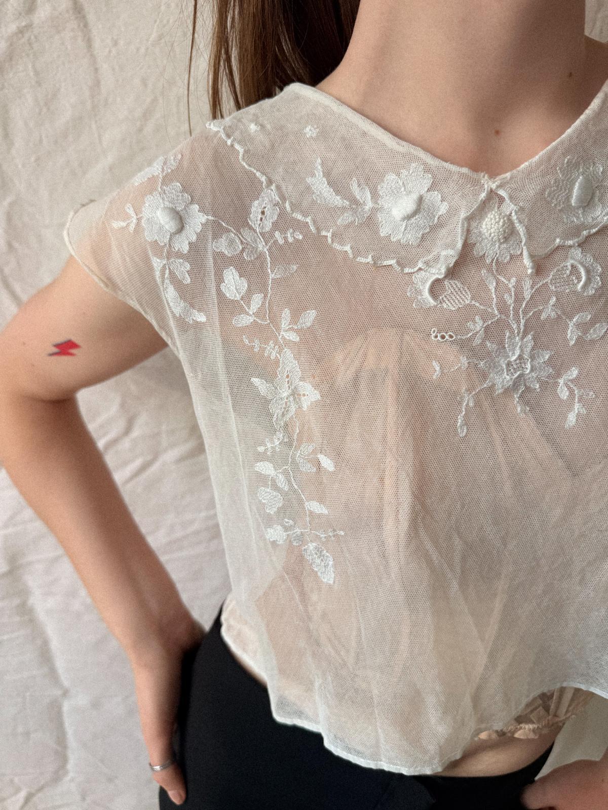 Antique Edwardian French Embroidered Tulle Bodice Blouse | Early 1910s Sheer Net Top