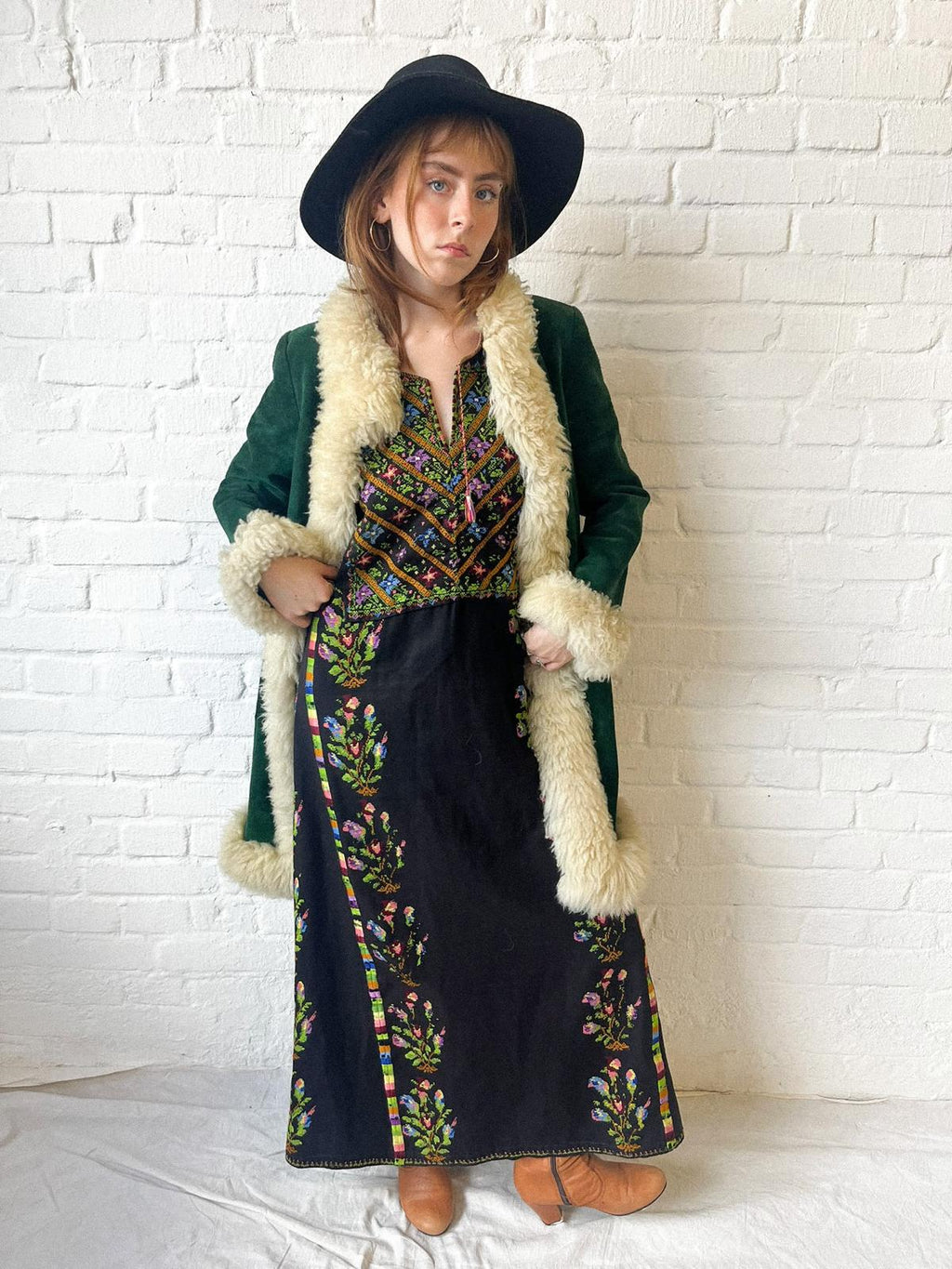 Vintage 1940s–60s Palestinian Embroidered Black Thobe Dress