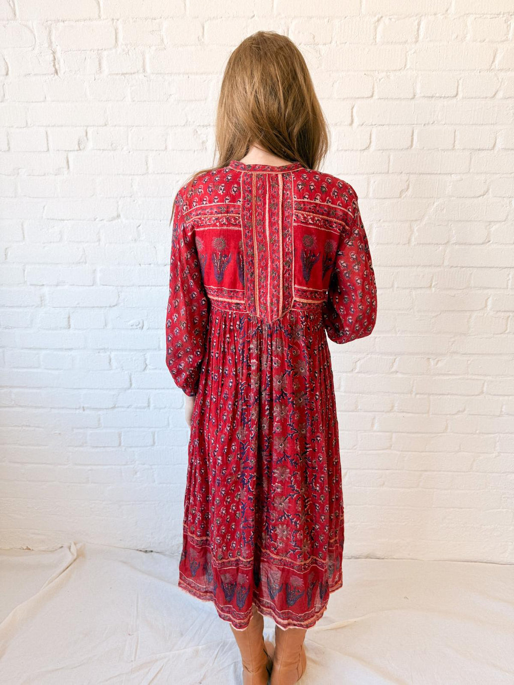 1970s Cotton Gauze Indian Block Print Midi Dress