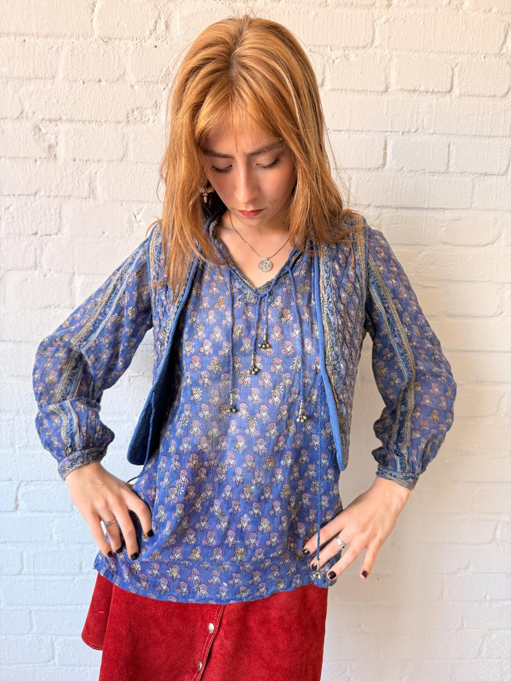 1970s Indian Cotton Gauze Blouse & Quilted Vest Set