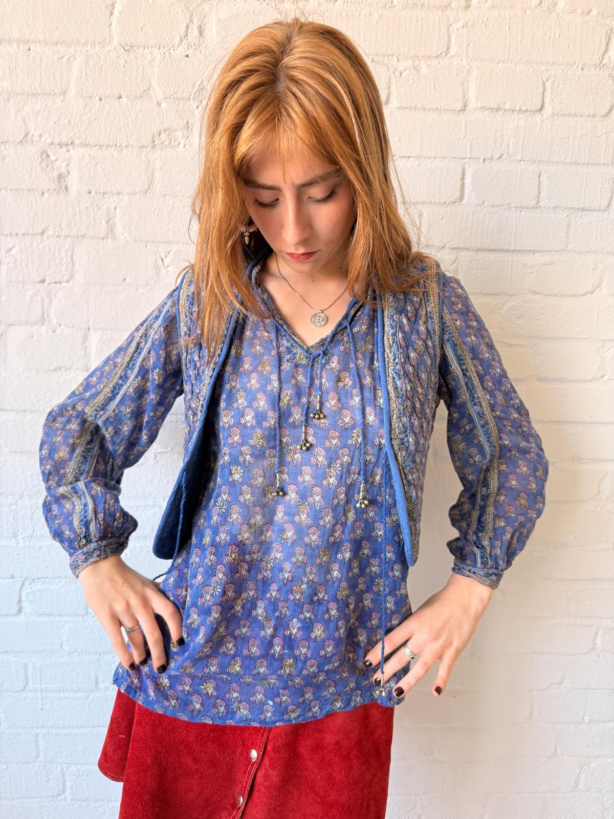 1970s Indian Cotton Gauze Blouse & Quilted Vest Set