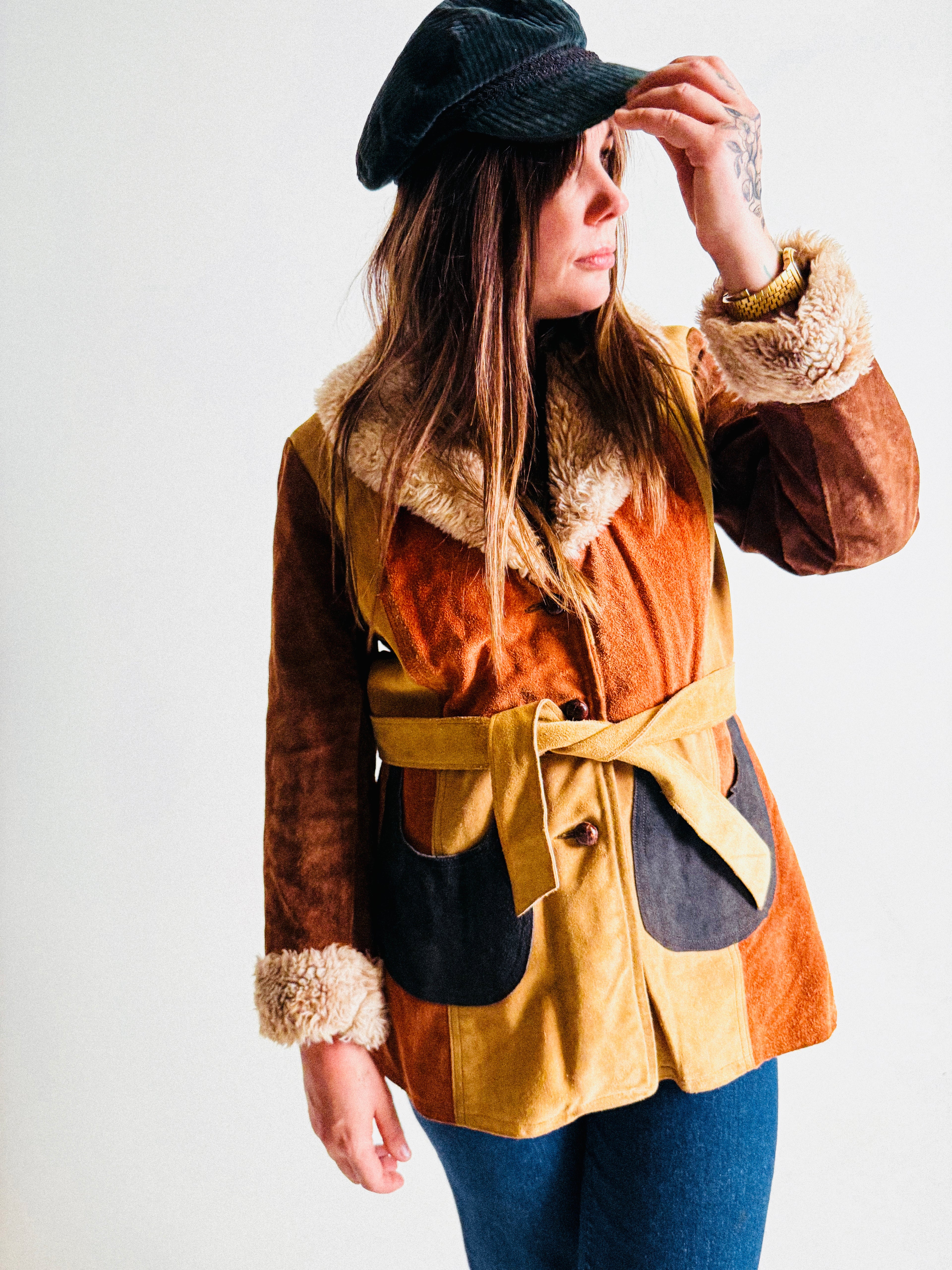1970s Penny Lane Colourblock Suede and Fake-Fur Belted Jacket
