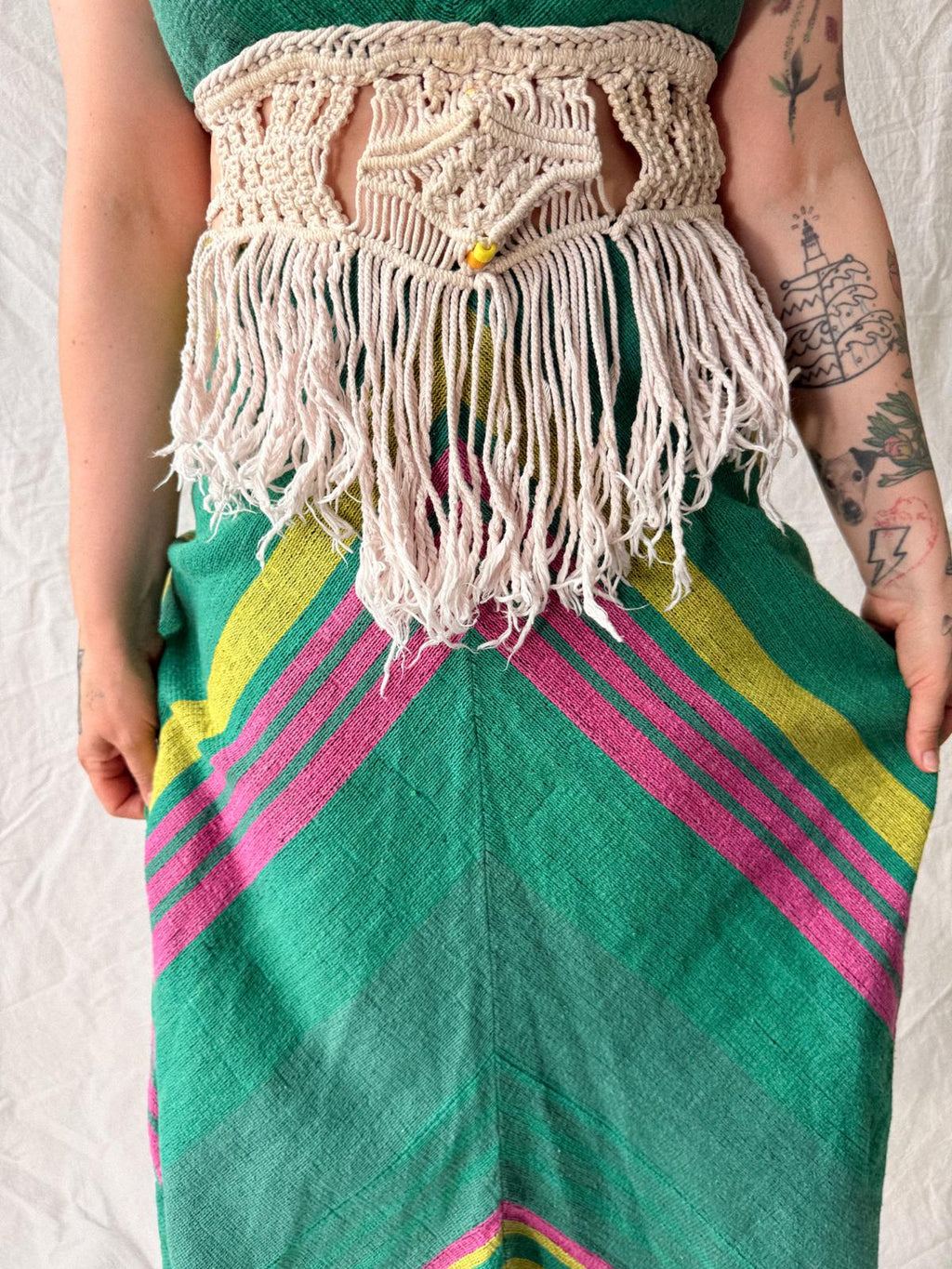 1970s Handwoven Halterneck Maxi Summer Dress with Macramé Fringe Waist Detail