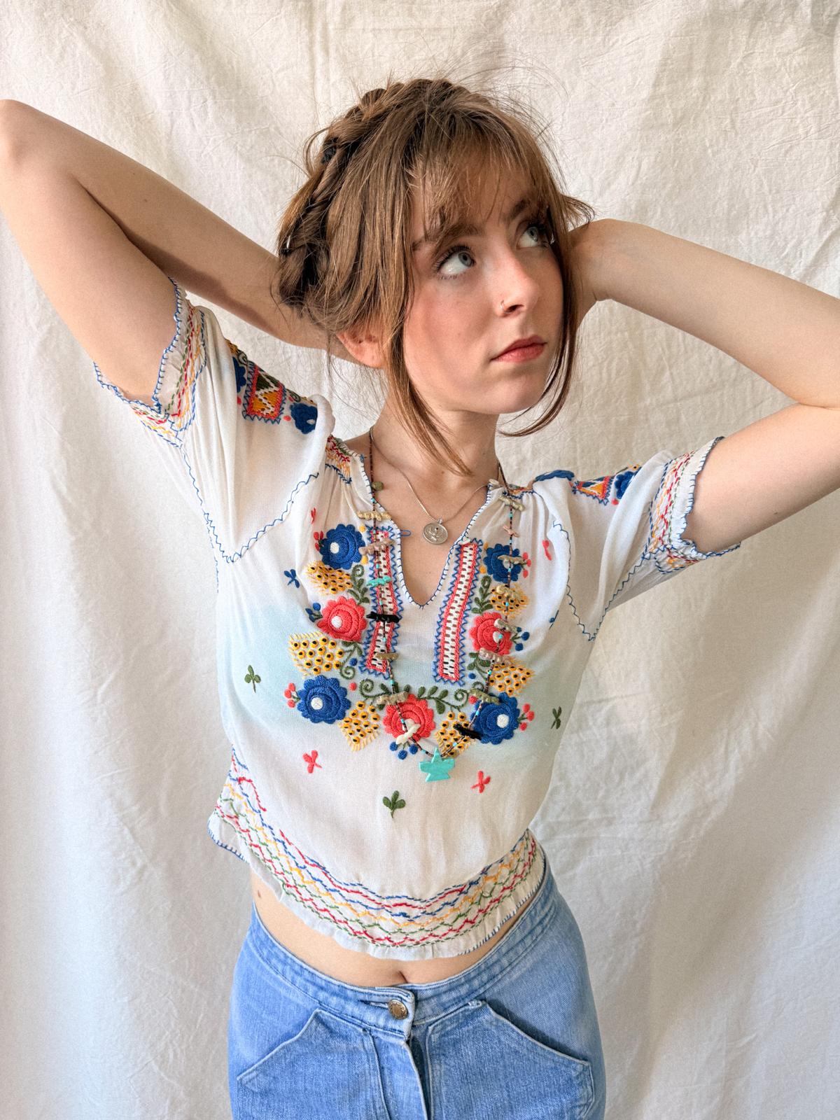 1930s–1940s Hand Embroidered Sheer Folk Blouse