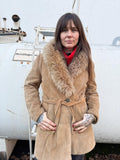 Late 1970s Suede Longline Belted Jacket with Fur Collar
