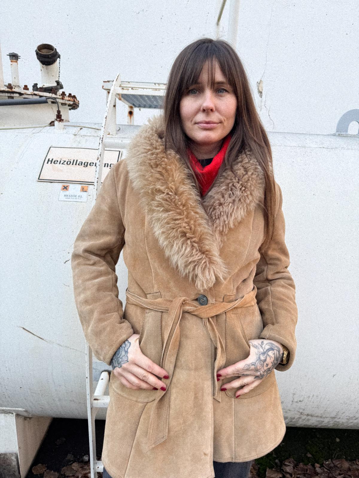 Late 1970s Suede Longline Belted Jacket with Fur Collar