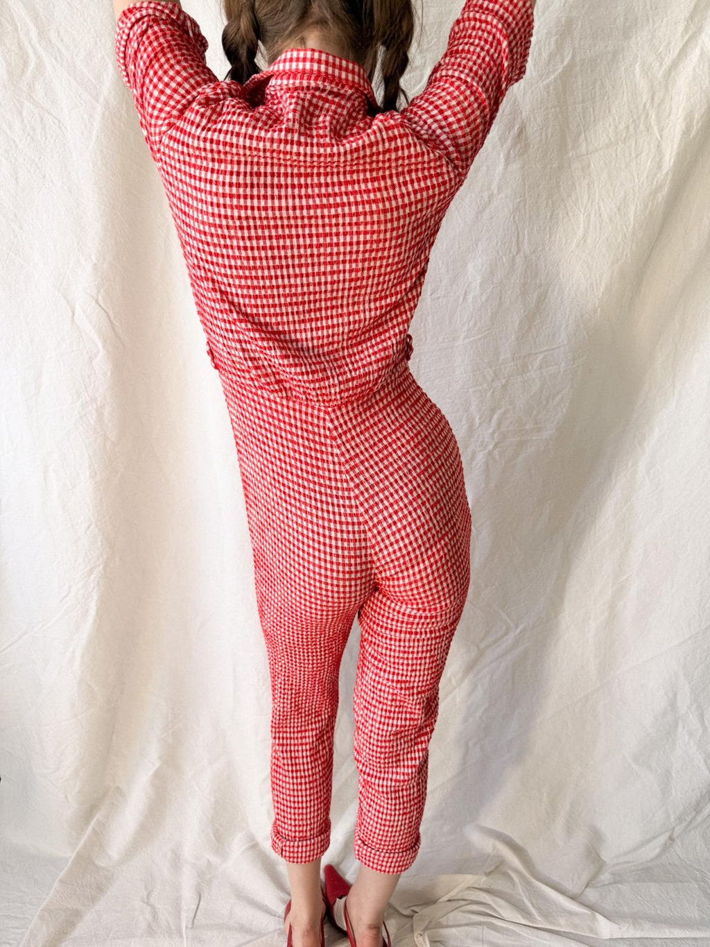1970s Betty Barclay Red Gingham Zip Front Jumpsuit