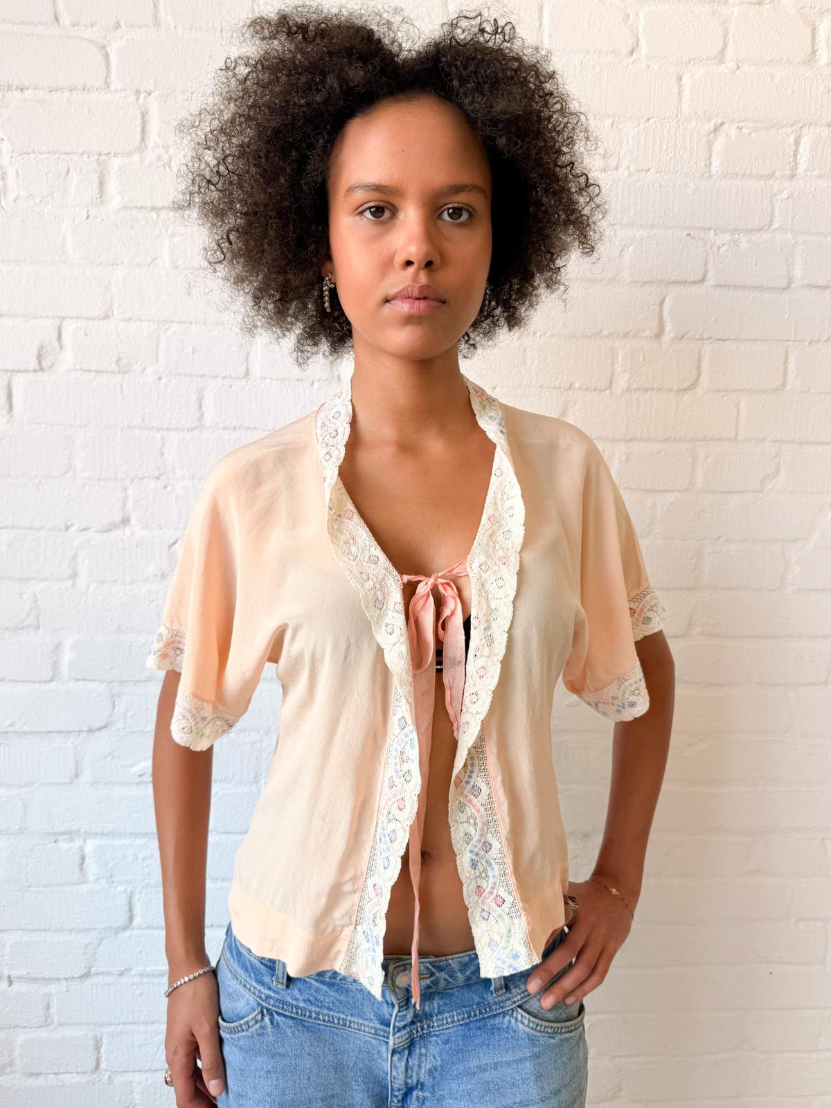 1940s Peach Silk Bed Jacket with Pastel Floral Lace