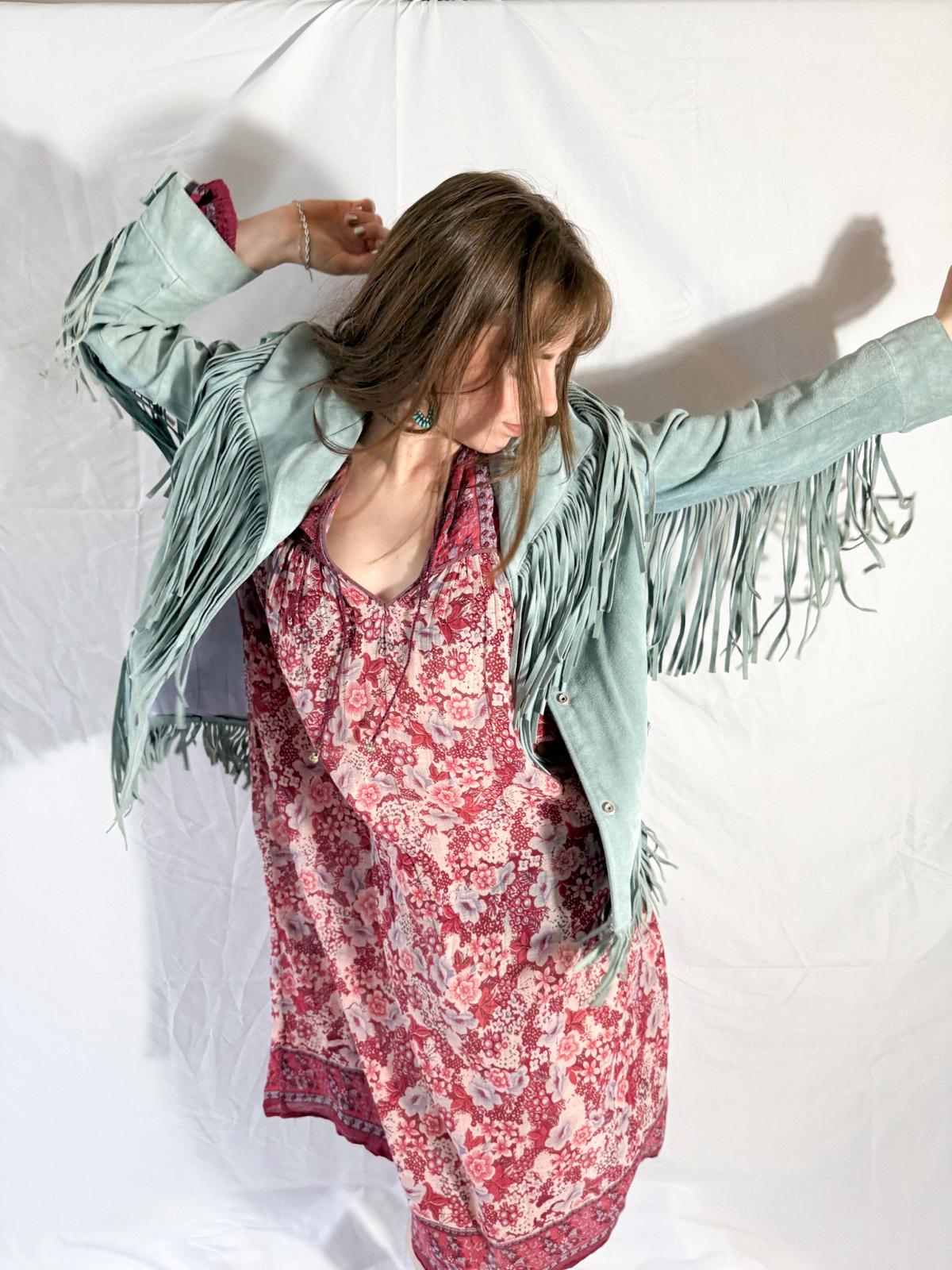 1970s Mint Green Suede Fringe Jacket