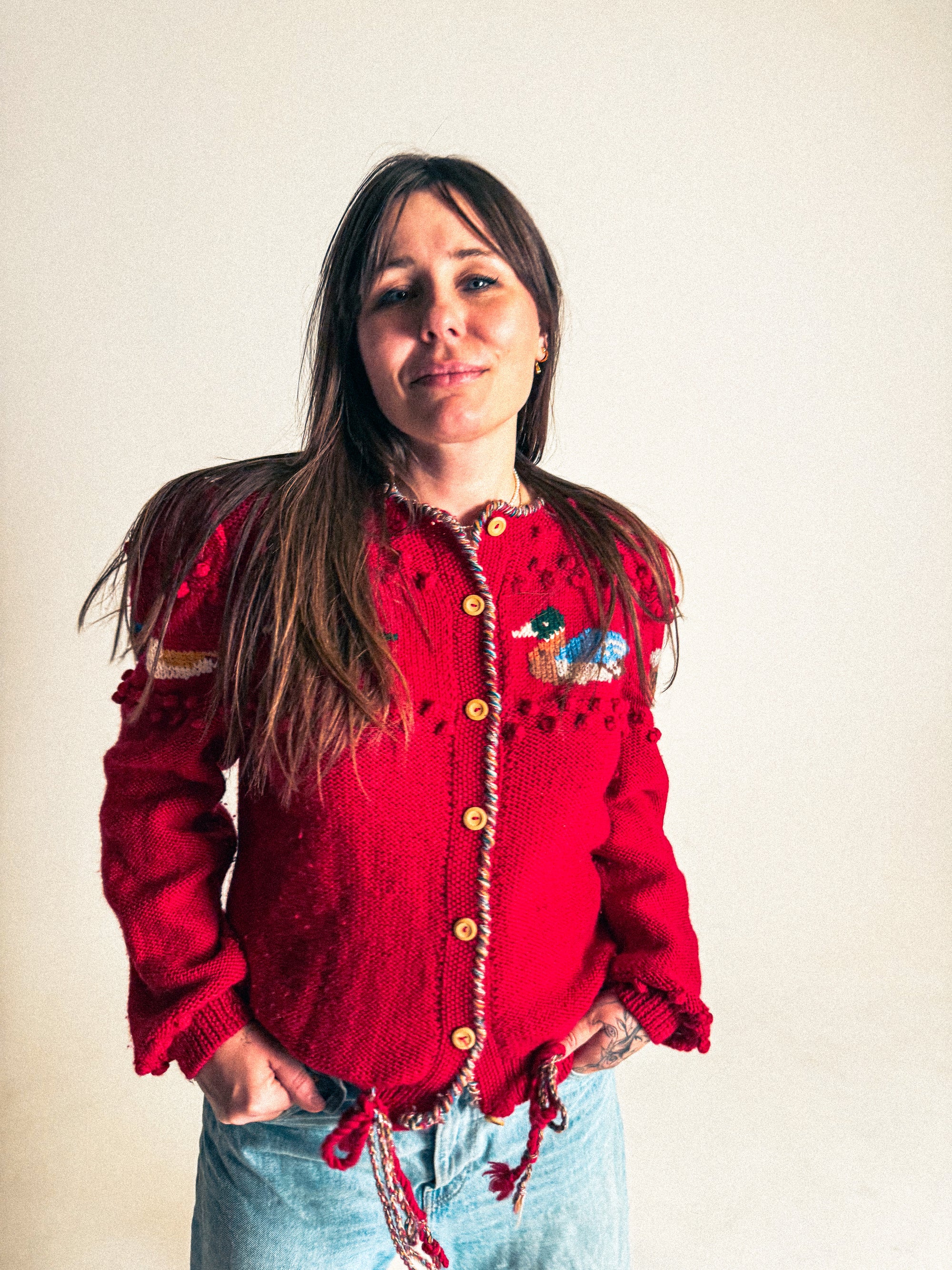 Vintage Woolen Folk Cardigan with Duck Motif by Pinelli