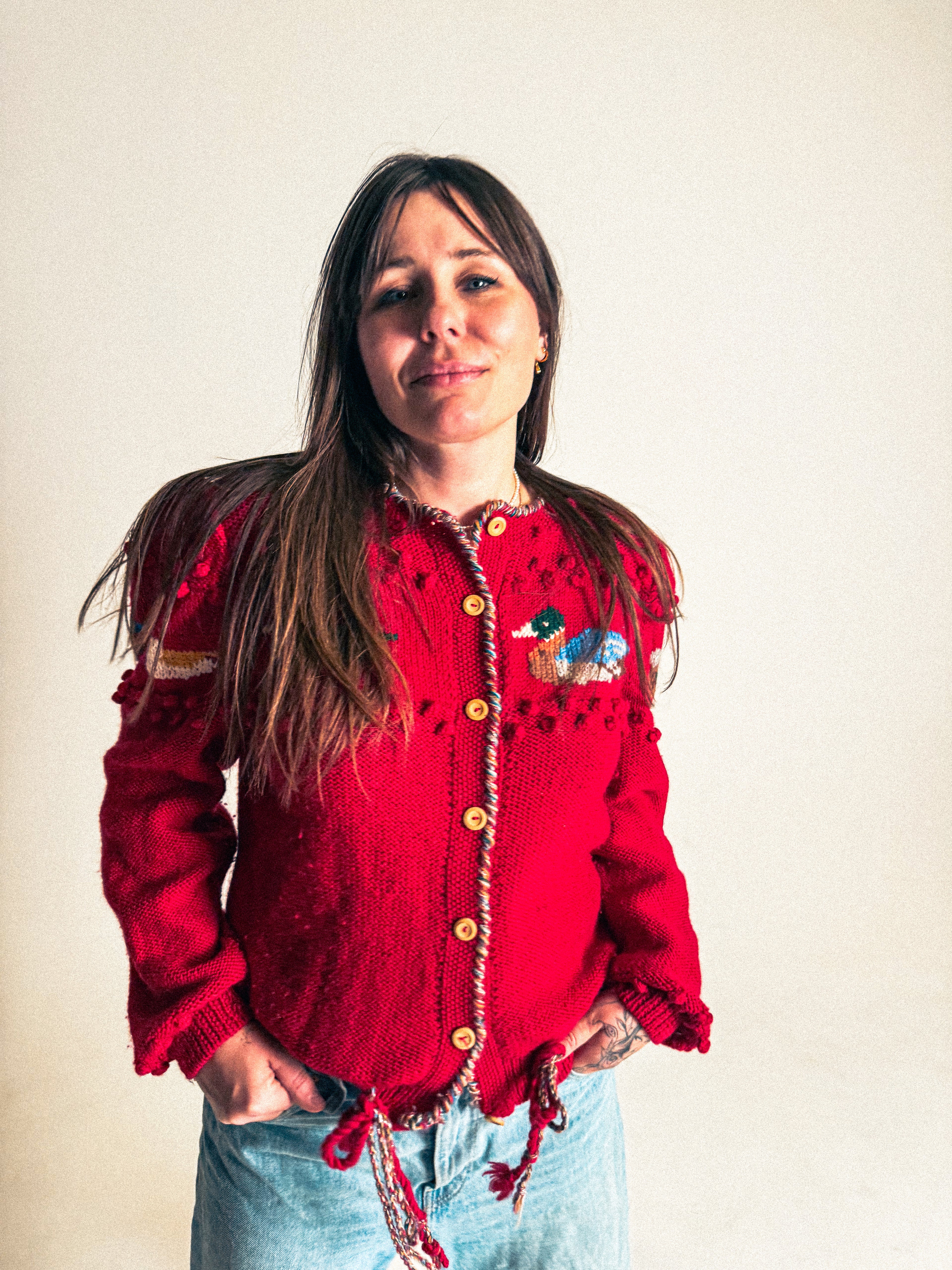 Vintage Woolen Folk Cardigan with Duck Motif by Pinelli
