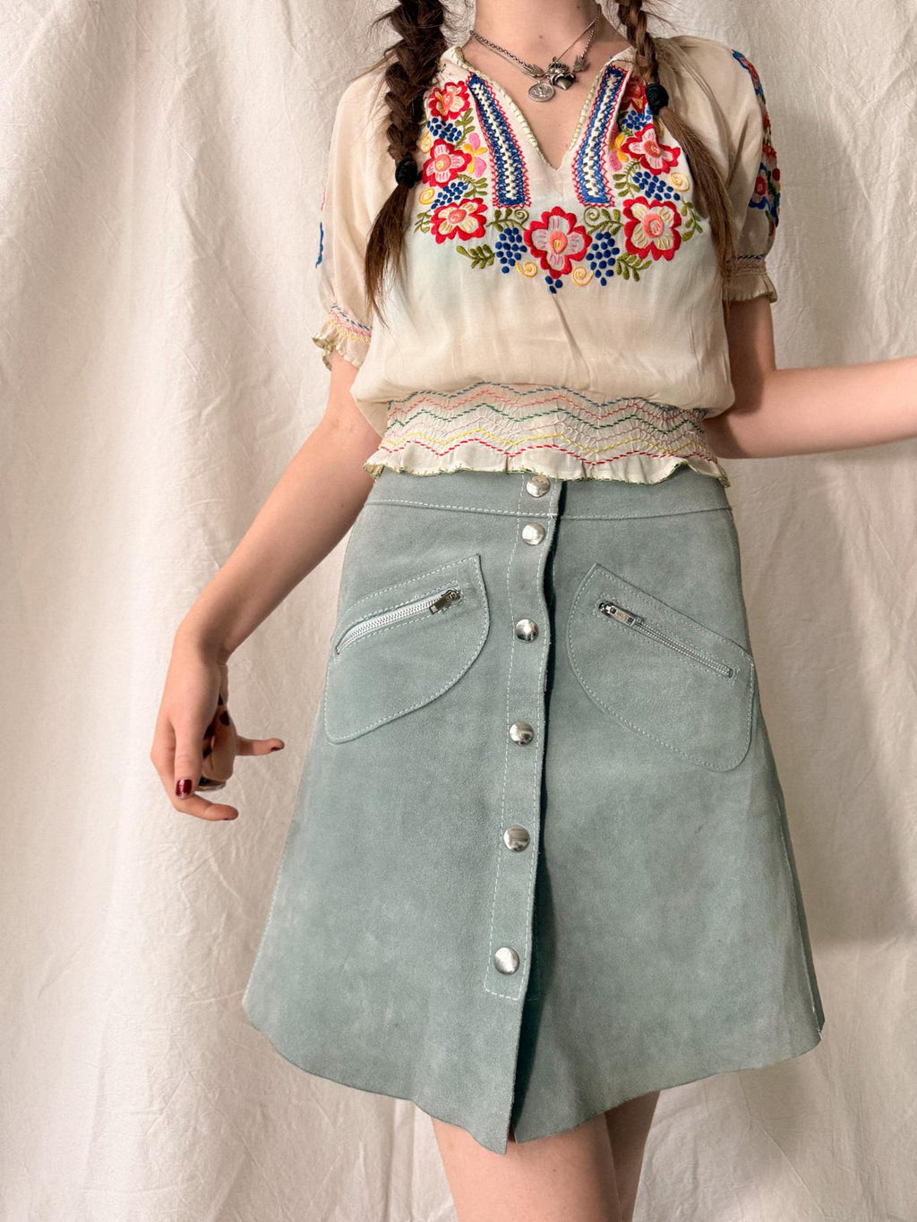 Vintage 1960s Powder Blue Suede A-Line Skirt