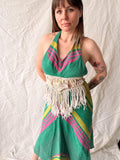 1970s Handwoven Halterneck Maxi Summer Dress with Macramé Fringe Waist Detail